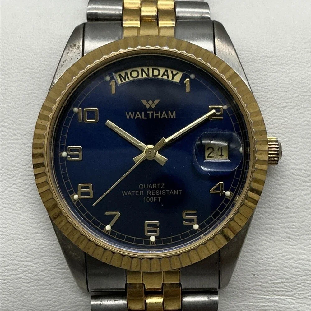 Waltham Mens Watch 36mm Blue Dial Two Tone Day Date New Battery 7
